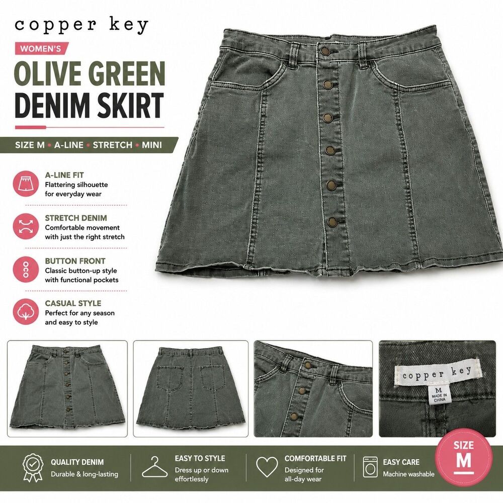 Copper Key Women's Olive Green Button Front Skirt Size M A-Line Stretch Mini